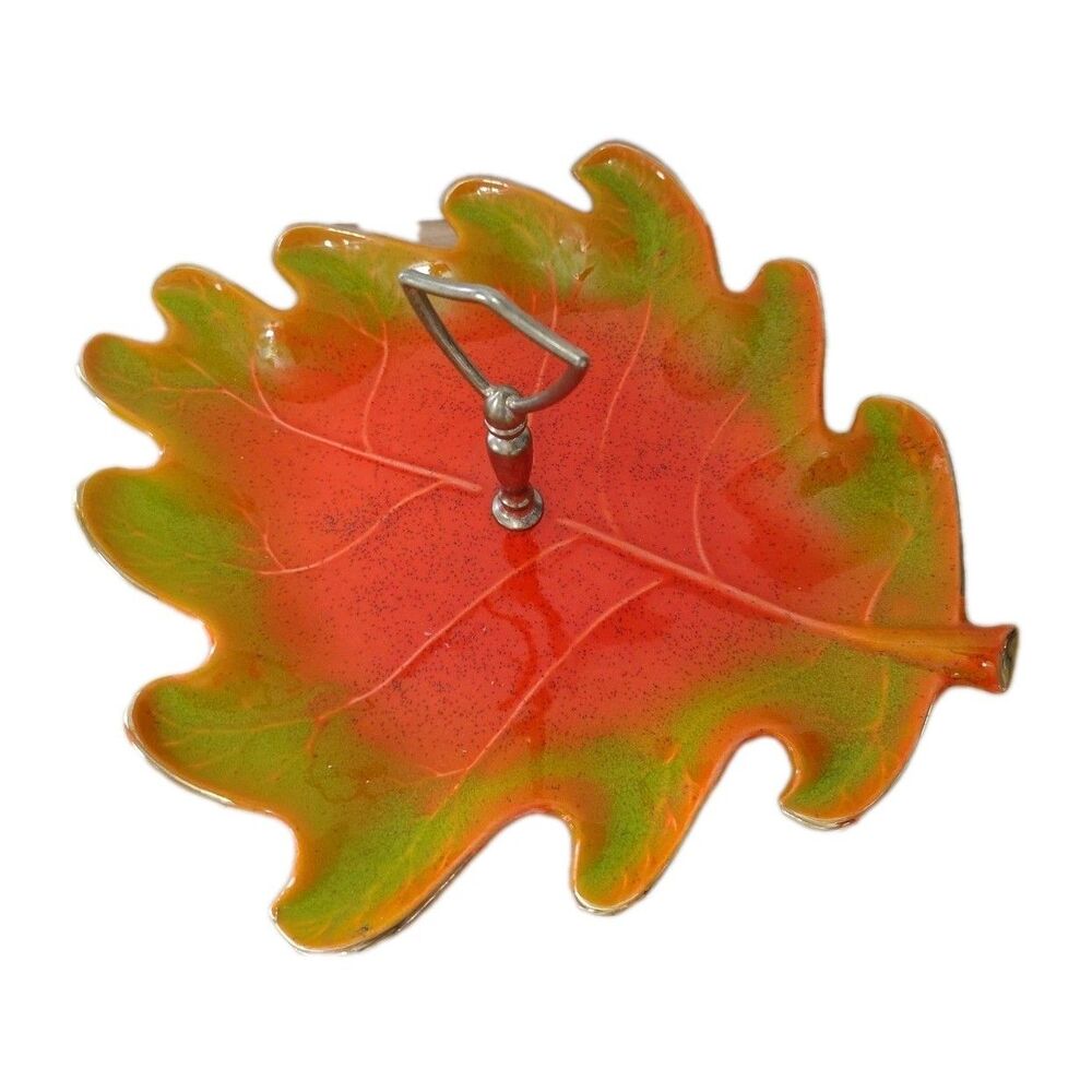 Vintage California Pottery USA Orange Drip Glaze Oak Leaf Serving Nut Tray MCM